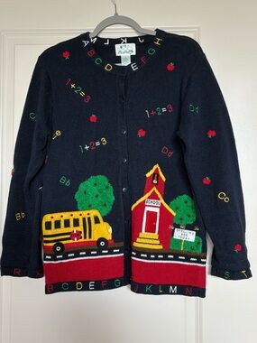 Quacker Factory Vintage 90s Schoolhouse ABC 123 Embroidered Cardigan Sweater
